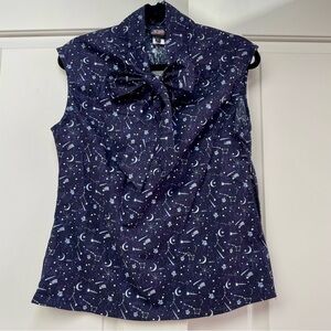 NWT Retrolicious Blue White Tie Neckline Constellation Sleeveless Blouse Top
